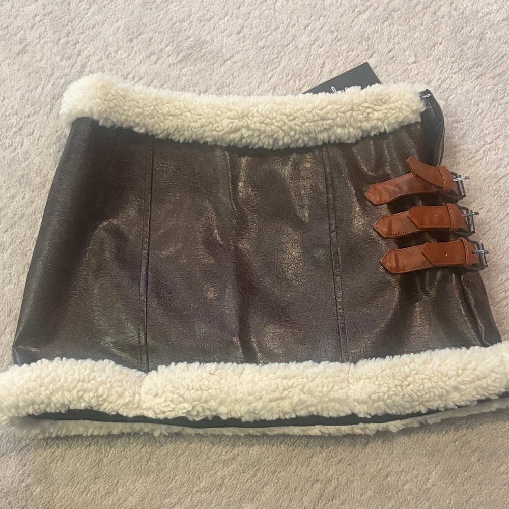 Brown Faux Leather Skirt with Shearling Trim